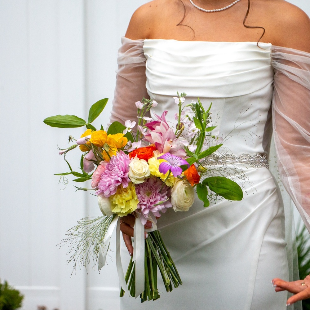 David's Bridal White Off-Shoulder Long Sleeve Gown
